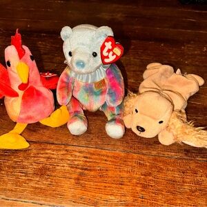 3 TY Beanie Babies Strut Rooster March Bear Spunky Dog
